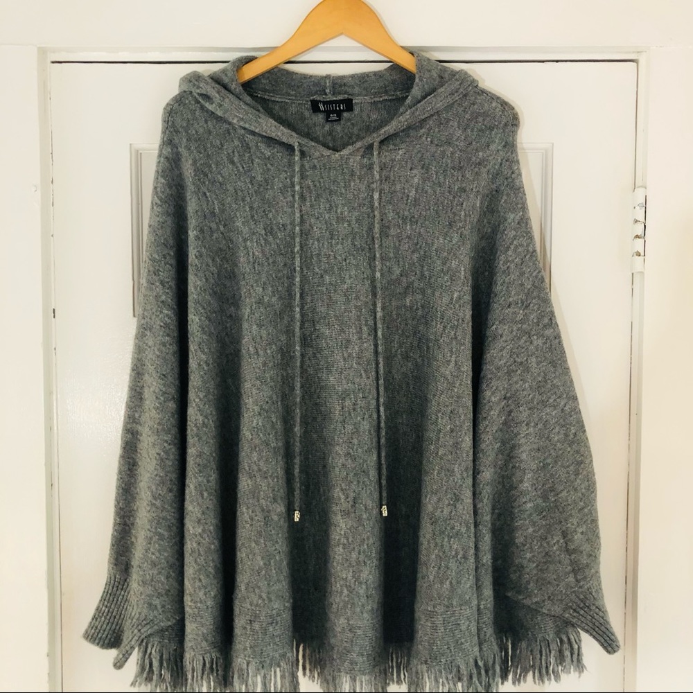 ii Sisters grey hoodie fringe poncho with cuffs